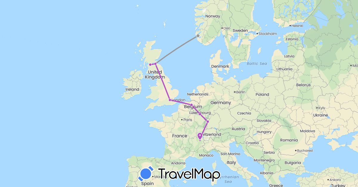 TravelMap itinerary: driving, plane, train in Belgium, Switzerland, France, United Kingdom, Luxembourg, Norway (Europe)